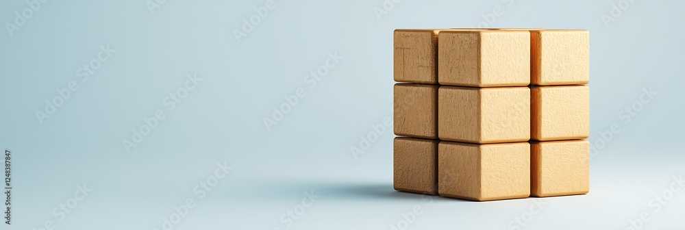 Poster a minimalistic arrangement of wooden blocks stacked neatly forms a cube against a soft blue backgrou