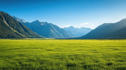 Mountain valley grassland sunset landscape, nature background