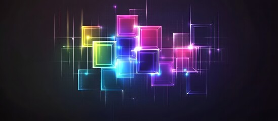 Glowing Rainbow Squares Connected by Neon Lines in the Dark
