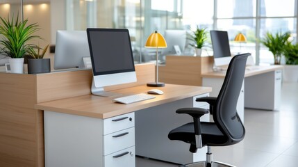 Bright and airy corporate office interior featuring modern desks computers and decor elements such as potted plants  The open and organized workspace promotes a professional work environment