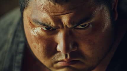 Close-up of sumo fighter's intense expression, soft-focus background, moody cinematic lighting, high-detail sports portrait