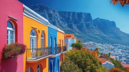 Table Mountain surrounded by colorful homes in Cape Town Bo-Kaap neighborhood