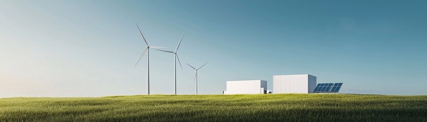 Obraz premium wide-angle photography of a futuristic green energy hub, featuring wind turbines, solar panels, and hydrogen refueling stations, dramatic skyline backdrop, vibrant and progressive urban environment