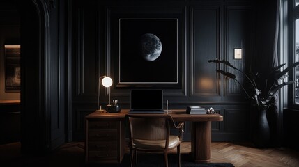 A modern executive workspace with dark wood furniture, a premium laptop, and sophisticated office dcor