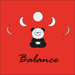 panda meditating under the moon on a red background with the word balance vector illustration