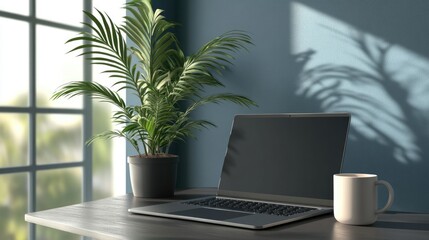 A modern office with a laptop, coffee cup, and potted plant, creating an inspiring workspace