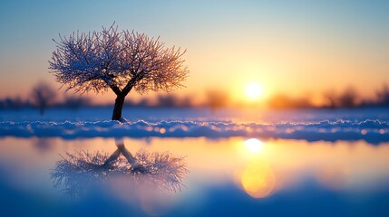 Obraz premium Winter Sunset Tree Reflection in Snow