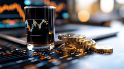 Aerial view of a remote desert oil field with economic analytics and market data visualization displayed on computer monitors in a workspace setting