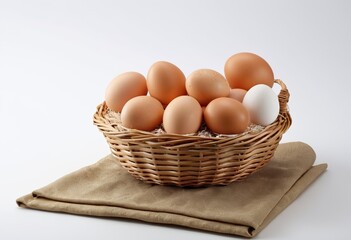 Basket of eggs on a log-colored tabletop