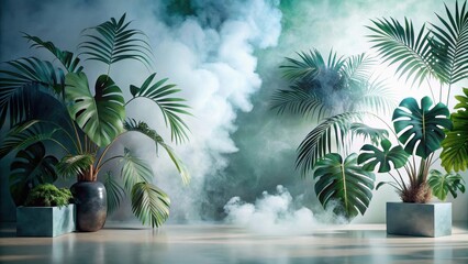 Fototapeta premium Lush Tropical Foliage in a Serene and Mystical Indoor Setting with Foggy Atmosphere