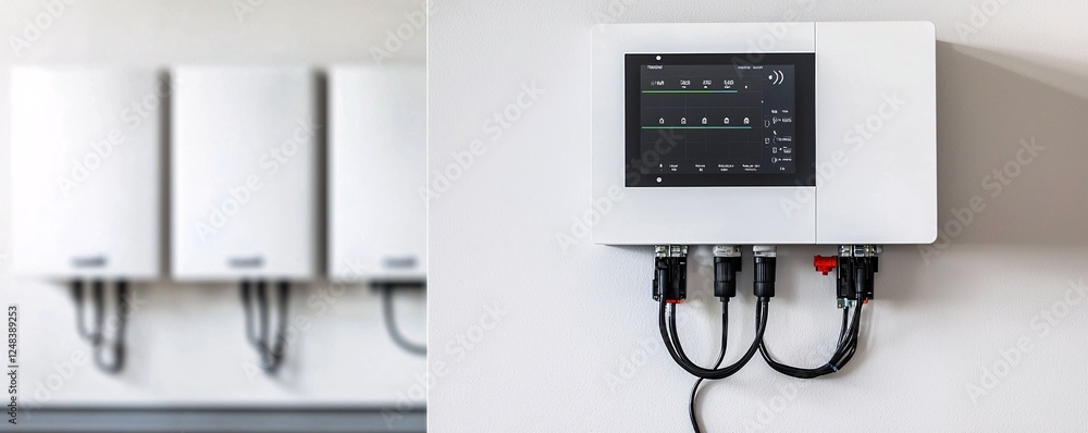 Poster close-up photography of a solar inverter panel displaying system diagnostics, sharp focus on digital