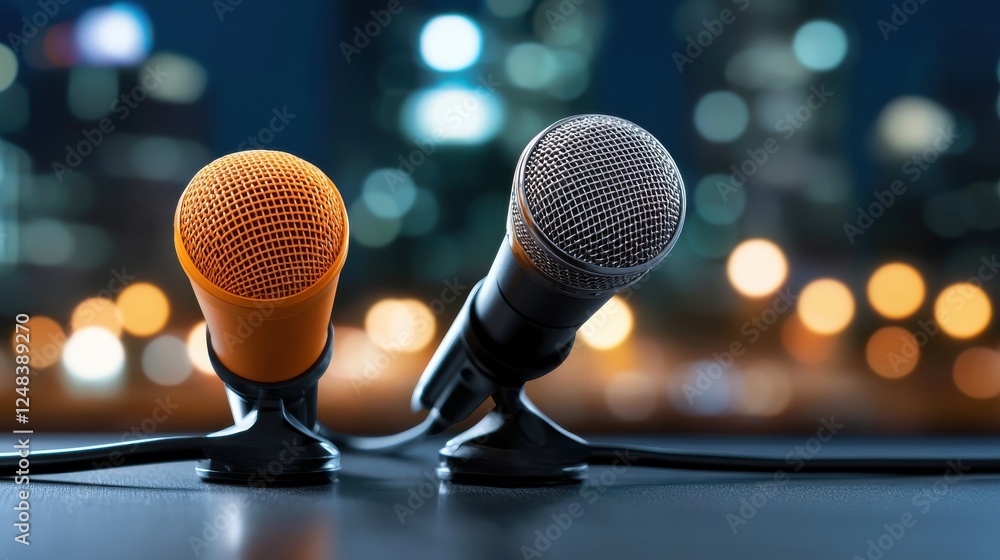 Poster close up shot of multiple microphones placed on a table against a blurred background of colorful lig
