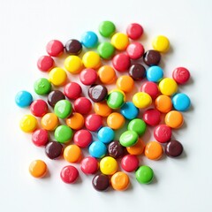 Obraz premium Small pile of colorful candy coated chocolate buttons in red, yellow, orange, green, blue, and brown, isolated on white background