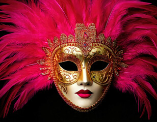 A gold mask with pink feathers on it