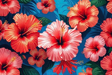 Vivid Coral Hibiscus Blooms on a Colorful Canvas