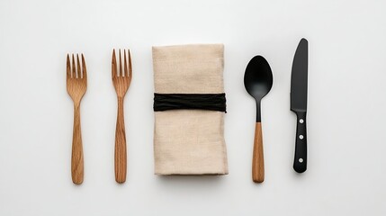 Fototapeta premium Wooden and Black Cutlery with Beige Napkin