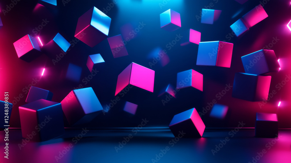 Poster dark abstract concrete cube geometric shape cube elements with led lights 3d render illustration. 3d
