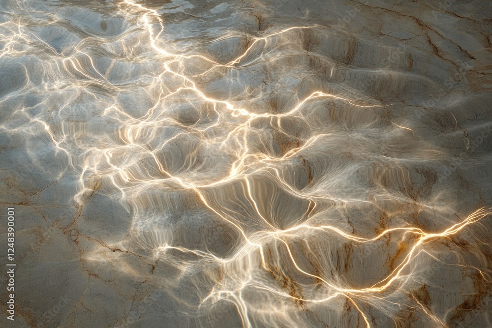 Poster abstract image of glowing lines resembling lightning on a textured, wavy surface.