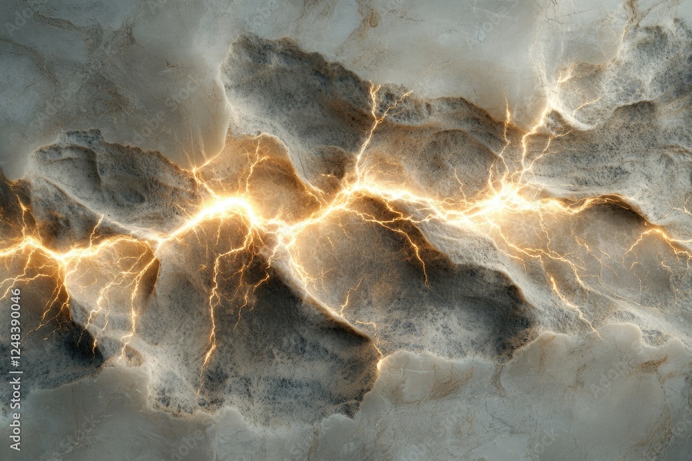 Poster golden lightning cracks through a textured, gray and brown stone surface, creating a dramatic abstra