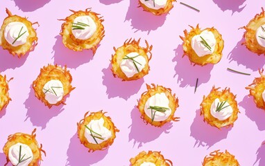 Fototapeta premium Crispy potato latkes with sour cream and chives, arranged on a pastel lavender background