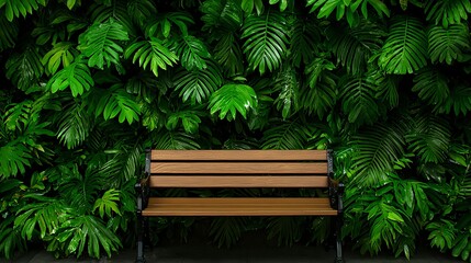 Obraz premium Wooden Bench Against Lush Green Tropical Leaves Wall