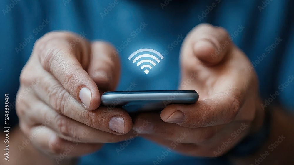 Poster closeup of a person s hands holding a smartphone and controlling various smart home features and fun