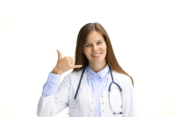 Female doctor, close-up, on a white background, shows a call sign