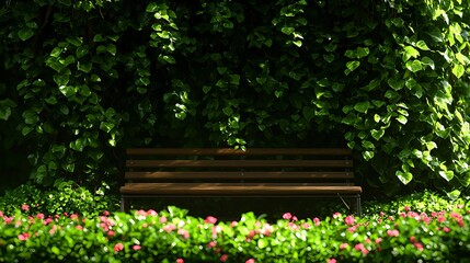 Wooden Bench in a Lush Green Garden with Pink Flowers