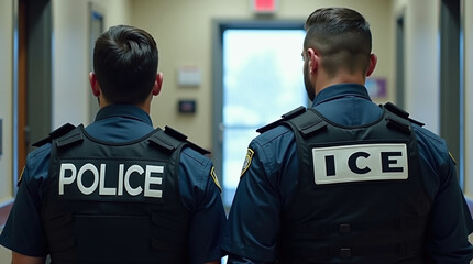 two men in uniform, standing with their backs to the camera. On the back of one of them is written "POLICE", and on the back of the other is "ICE". Both are wearing navy blue uniforms and protective v
