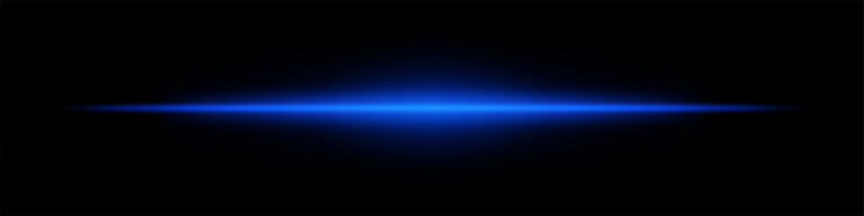 Bright blue horizontal light beam on a black background. Glowing neon laser effect creating a futuristic and high-tech aesthetic. Suitable for technology, sci-fi, speed, and digital energy themes