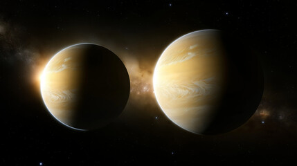 Two planets floating side by side in the vastness of space, surrounded by stars and cosmic light