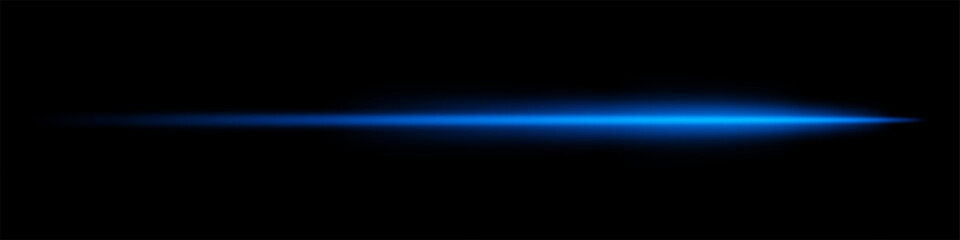 Glowing blue horizontal light beam on a black background. Bright laser effect with a fading glow, creating a futuristic and high-speed aesthetic. Technology, sci-fi, energy, and digital themes