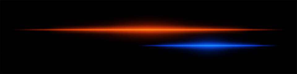 Abstract futuristic background featuring two glowing horizontal light streaks in blue and orange against a dark backdrop. The neon effect speed, technology, energy, evoking sci-fi cyberpunk aesthetic