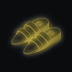 Neon yellow slippers glowing on a black background, representing summer footwear and relaxation