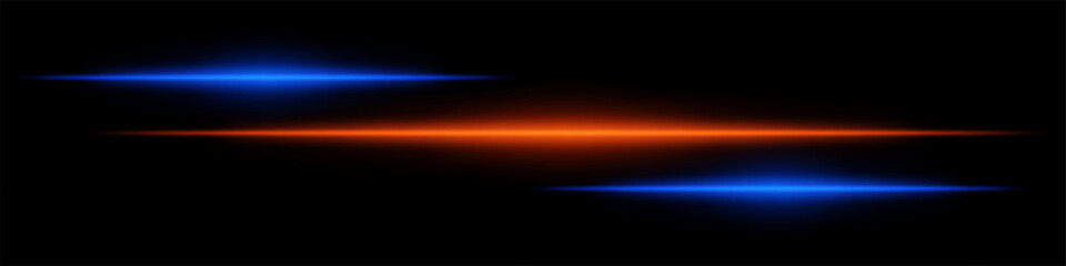 Abstract futuristic background featuring three glowing horizontal light streaks in blue orange against a dark backdrop. The neon effect speed, technology, energy, evoking sci-fi cyberpunk aesthetic