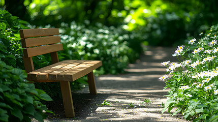 Fototapeta premium Wooden Bench in a Sunlit Garden Path