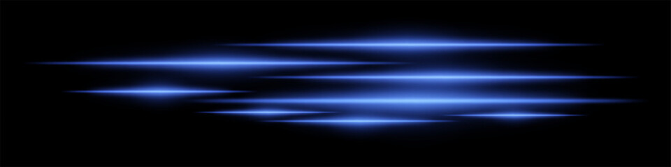 Glowing blue light streaks on a black background. Horizontal neon beams create a futuristic and high-speed motion effect. Technology, sci-fi, digital energy, and abstract design themes