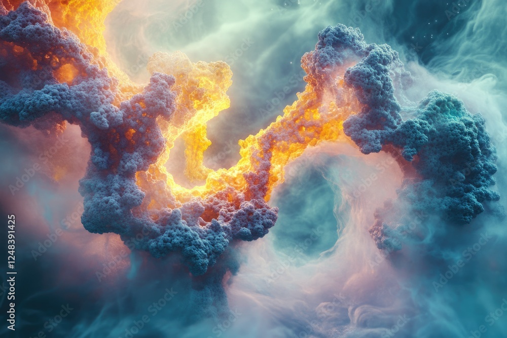 Poster abstract cosmic cloudscape with vibrant colors and intricate textures, resembling a nebula or celest