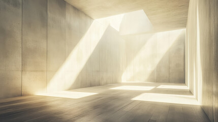 Empty white room with wooden floor 3d render illustration with bright light from ceiling 3d render illustration