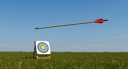 A well-aimed arrow in flight towards a target in a grassy field.