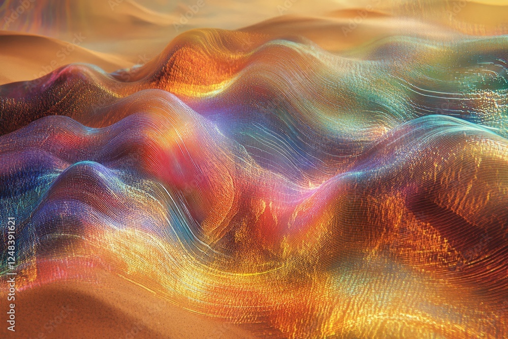 Poster abstract iridescent waves flowing over a sandy surface, creating a mesmerizing visual texture.