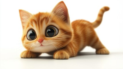 A 3D cartoon cat with big eyes, stretching playfully on a white background