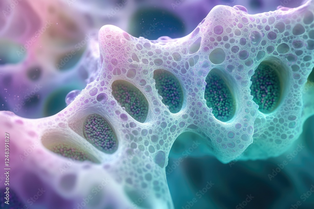 Poster abstract microscopic image showing a porous, organic structure with internal granular components, ev