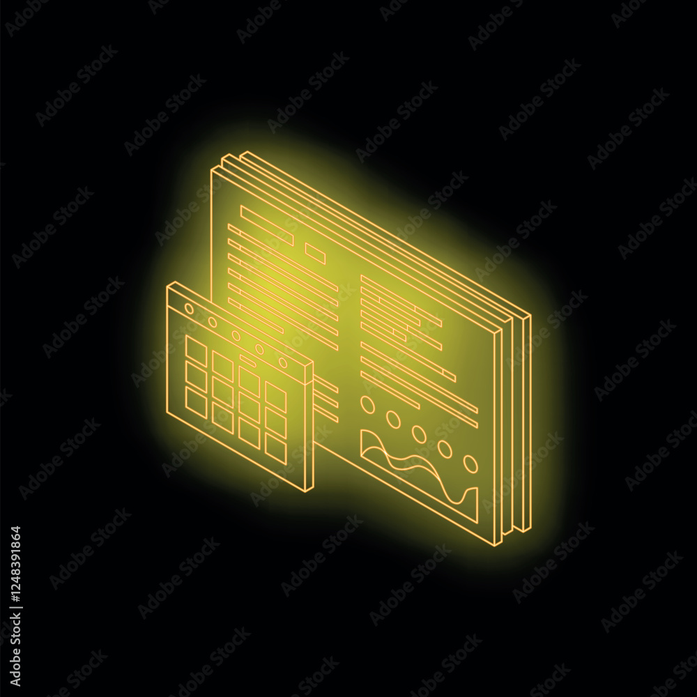 Poster isometric neon yellow programming and web design concept with charts, data, graphs, and analysis too
