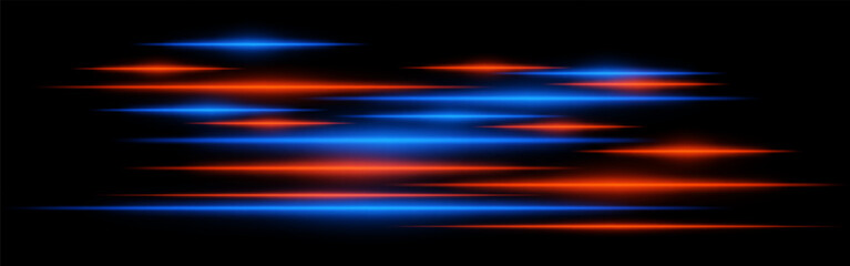 Glowing green and orange light streaks on a black background. Horizontal neon beams create a high-speed motion effect, symbolizing futuristic technology and digital energy. Sci-fi, cyber