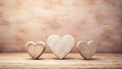 Fototapeta premium Three Wooden Hearts on Rustic Wooden Surface, Symbol of Love and Family