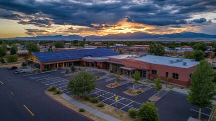 Sunset view of a building with solar panels and mountain backdrop