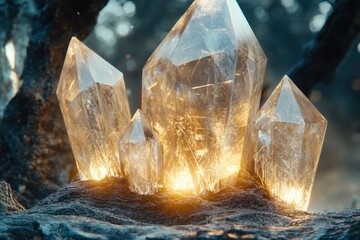 Luminous quartz crystals cluster together, glowing with an inner light in a dark, earthy setting.