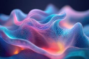 Abstract digital artwork depicting a vibrant, glowing, wavy mesh network.