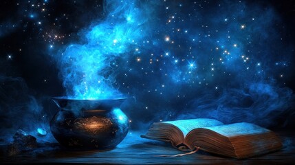 Mystical Cauldron Brewing Under Starry Night Sky